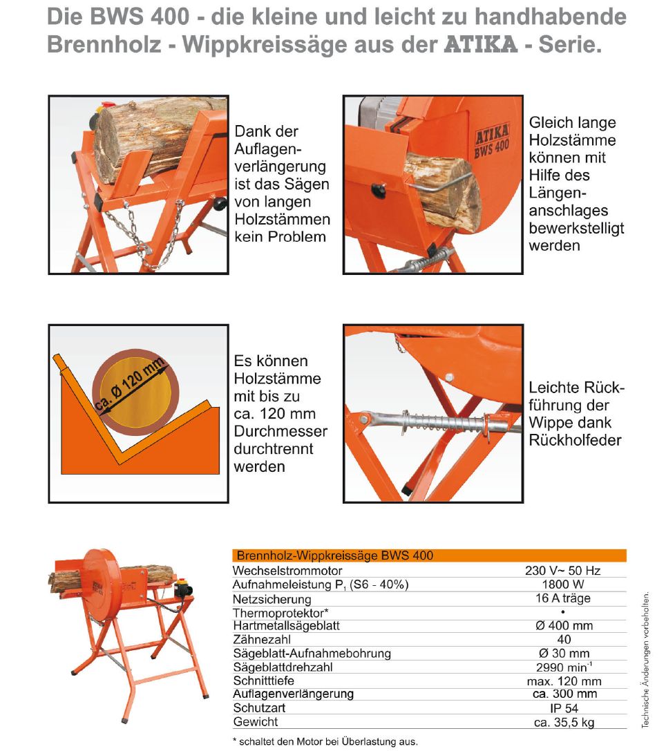 ATIKA Brennholzsäge Wippkreissäge Wippsäge BWS 400 230V