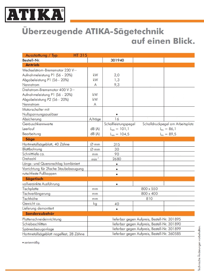 ATIKA TISCHKREISSÄGE HT315 2,0 KW 230V KREISSÄGE HT 315